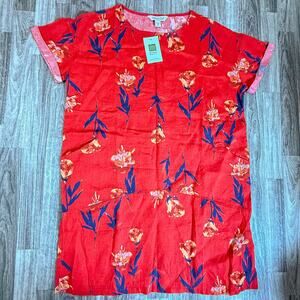 Coldwater Creek NWT Red Floral Linen Dress PM Short Sleeve Pockets Flax